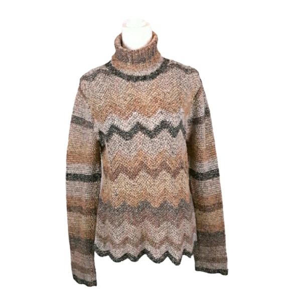 2010s Era Beige Chevron Stripe Handknit Turtleneck Sweater S-M - Picture 1 of 9